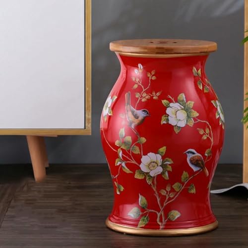 XDRGOOIUY Blumen- und Vogel-Trommelhocker aus Bambusholz und Keramik, dekorativer runder Beistelltisch aus Keramik, hohler Trommelhocker, für Wohnzimmer, Balkon, Garten von XDRGOOIUY