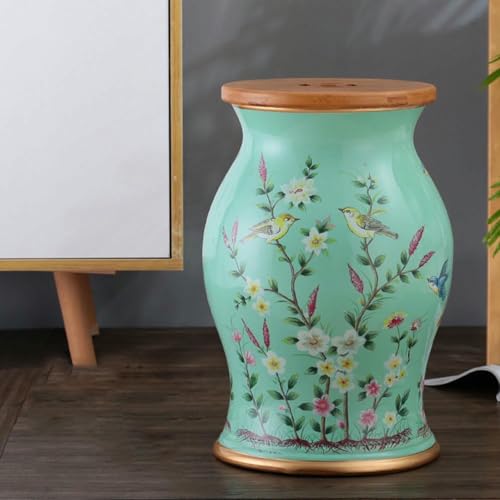 XDRGOOIUY Blumen- und Vogel-Trommelhocker aus Bambusholz und Keramik, dekorativer runder Beistelltisch aus Keramik, hohler Trommelhocker, für Wohnzimmer, Balkon, Garten von XDRGOOIUY