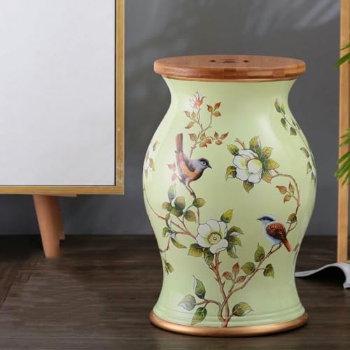XDRGOOIUY Blumen- und Vogel-Trommelhocker aus Bambusholz und Keramik, dekorativer runder Beistelltisch aus Keramik, hohler Trommelhocker, für Wohnzimmer, Balkon, Garten von XDRGOOIUY