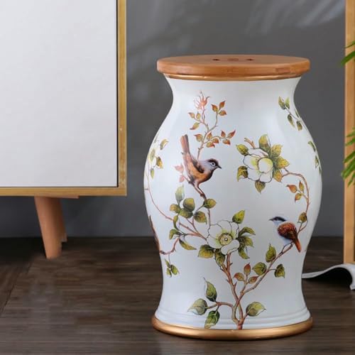 XDRGOOIUY Blumen- und Vogel-Trommelhocker aus Bambusholz und Keramik, dekorativer runder Beistelltisch aus Keramik, hohler Trommelhocker, für Wohnzimmer, Balkon, Garten von XDRGOOIUY