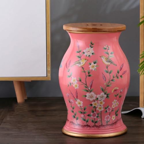 XDRGOOIUY Blumen- und Vogel-Trommelhocker aus Bambusholz und Keramik, dekorativer runder Beistelltisch aus Keramik, hohler Trommelhocker, für Wohnzimmer, Balkon, Garten von XDRGOOIUY