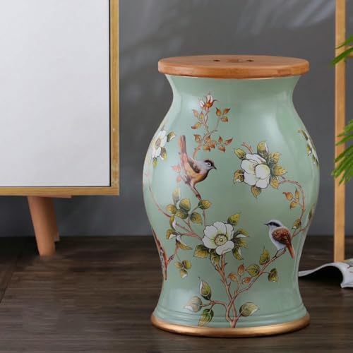 XDRGOOIUY Blumen- und Vogel-Trommelhocker aus Bambusholz und Keramik, dekorativer runder Beistelltisch aus Keramik, hohler Trommelhocker, für Wohnzimmer, Balkon, Garten von XDRGOOIUY