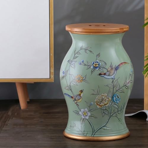 XDRGOOIUY Blumen- und Vogel-Trommelhocker aus Bambusholz und Keramik, dekorativer runder Beistelltisch aus Keramik, hohler Trommelhocker, für Wohnzimmer, Balkon, Garten von XDRGOOIUY