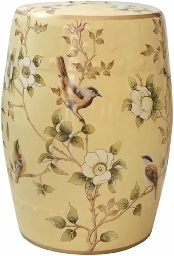 XDRGOOIUY Dekorativer Gartenhocker aus Keramik, moderner, glänzend glasierter, handbemalter Schuhwechselhocker mit Blumen- und Vogelmotiv, Trommelhocker für das Wohnzimmer im Garten im Freien von XDRGOOIUY