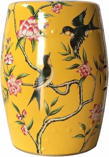 XDRGOOIUY Dekorativer Gartenhocker aus Keramik, moderner, glänzend glasierter, handbemalter Schuhwechselhocker mit Blumen- und Vogelmotiv, Trommelhocker für das Wohnzimmer im Garten im Freien von XDRGOOIUY