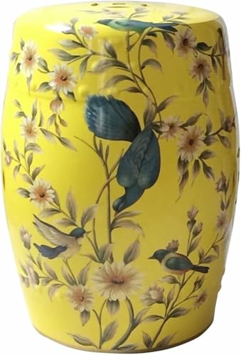 XDRGOOIUY Dekorativer Gartenhocker aus Keramik, moderner, glänzend glasierter, handbemalter Schuhwechselhocker mit Blumen- und Vogelmotiv, Trommelhocker für das Wohnzimmer im Garten im Freien von XDRGOOIUY