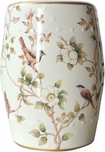 XDRGOOIUY Dekorativer Gartenhocker aus Keramik, moderner, glänzend glasierter, handbemalter Schuhwechselhocker mit Blumen- und Vogelmotiv, Trommelhocker für das Wohnzimmer im Garten im Freien von XDRGOOIUY