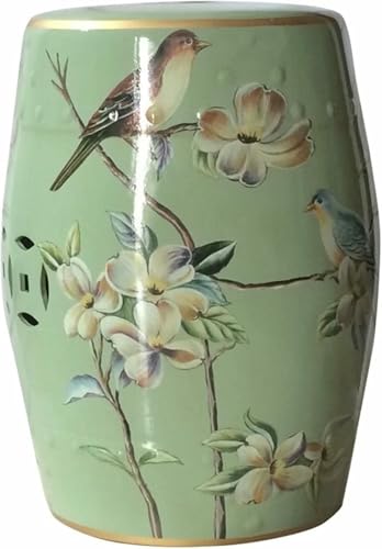 XDRGOOIUY Dekorativer Gartenhocker aus Keramik, moderner, glänzend glasierter, handbemalter Schuhwechselhocker mit Blumen- und Vogelmotiv, Trommelhocker für das Wohnzimmer im Garten im Freien von XDRGOOIUY