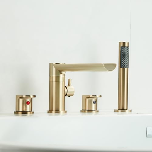 4 Loch Wannenarmaturen mit Offene Wasserfalldüse 360° Rotieren Badewannenarmatur Wasserfall mit Handbrause,Gold Gebürstet 4 Loch Wannenarmaturen mit Offene Wasserfalldüse 360° Rotieren Badewannenarmatur Wasserfall mit Handbrause,Gold Gebürstet von XDSMB