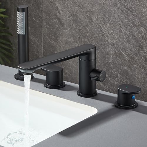 4 Loch Wannenrandarmatur mit Brause 360° Rotation 2 Modus Badarmatur Dusche Doppelgriff,Schwarz 4 Loch Wannenrandarmatur mit Brause 360° Rotation 2 Modus Badarmatur Dusche Doppelgriff,Schwarz von XDSMB