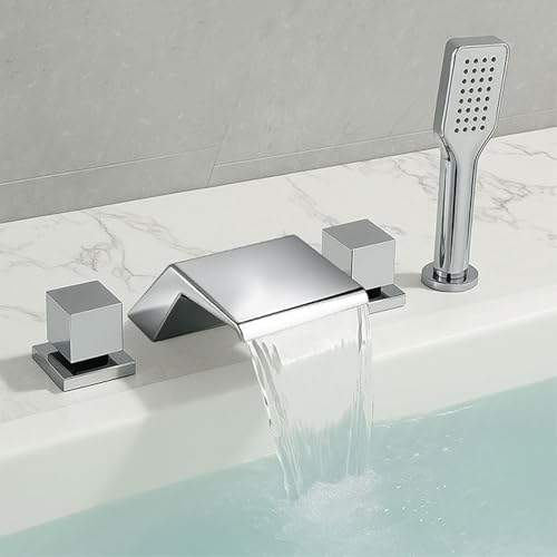 Badewannenarmatur Wasserfall mit Handbrause 4 Loch Dual Modus Wannenrand Armatur ink Handbrause Brausehalter und Brauseschlauch,Verchromt von XDSMB