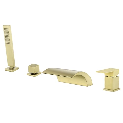 Wannenrand Armatur Badewanne mit Handbrause Gebogener Wasserfallauslass 4 Loch Wannenrandarmatur aus Messing,Gold Gebürstet Wannenrand Armatur Badewanne mit Handbrause Gebogener Wasserfallauslass 4 Loch Wannenrandarmatur aus Messing,Gold Gebürstet von XDSMB