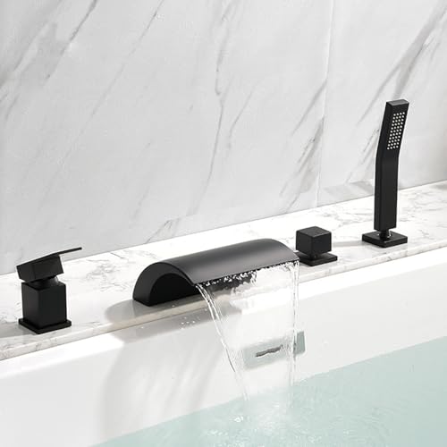 Wannenrand Armatur Badewanne mit Handbrause Gebogener Wasserfallauslass 4 Loch Wannenrandarmatur aus Messing,Schwarz Wannenrand Armatur Badewanne mit Handbrause Gebogener Wasserfallauslass 4 Loch Wannenrandarmatur aus Messing,Schwarz von XDSMB