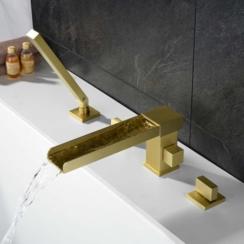 Wannenrandarmatur 4 Loch Düse mit Offener Wasserfall Doppelgriff Badewannenarmatur mit Handbrause,Gold Gebürstet Wannenrandarmatur 4 Loch Düse mit Offener Wasserfall Doppelgriff Badewannenarmatur mit Handbrause,Gold Gebürstet von XDSMB