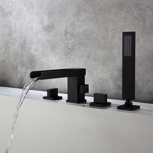 Wannenrandarmatur 4 Loch Düse mit Offener Wasserfall Doppelgriff Badewannenarmatur mit Handbrause,Schwarz Wannenrandarmatur 4 Loch Düse mit Offener Wasserfall Doppelgriff Badewannenarmatur mit Handbrause,Schwarz von XDSMB