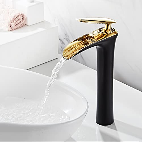 Waschtischarmatur Hoch, Einhand-Wasserfall-Wasserhahn, Wassersparender Wasserfall Waschtischarmatur Hoher Auslauf,schwarzes Gold von XDSMB