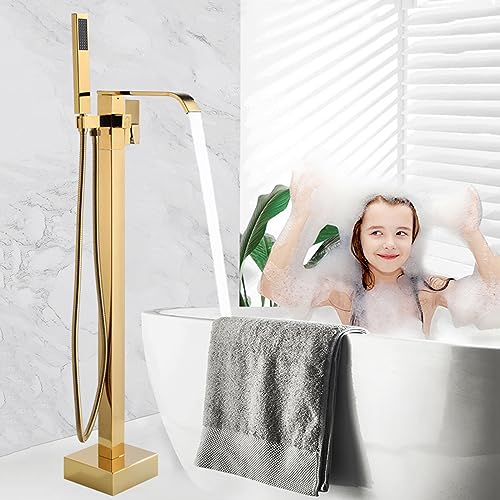 Wasserfall Freistehende Badewanne Armatur, Einloch 2 Modi Standarmatur Badewanne Freistehend, 360° Drehbare Badewannen Amaturen,Gold von XDSMB