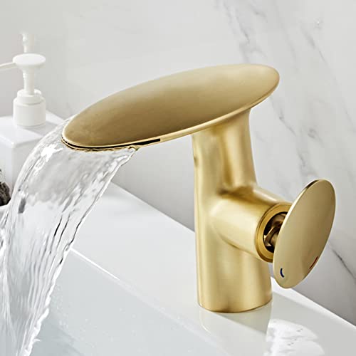 Wasserhahn Bad Wasserfall Waschbecken Armaturen mit Keramischem Ventilkern Wasserhahn Bad Wasserfall aus Messing,Gebürstetes Gold von XDSMB