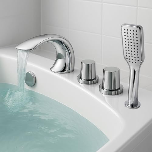 Wasserhahn Badewanne Wasserfall Chrom Schwanenhals 4 Loch Wannenrand Armatur mit Handbrause,Verchromt Wasserhahn Badewanne Wasserfall Chrom Schwanenhals 4 Loch Wannenrand Armatur mit Handbrause,Verchromt von XDSMB