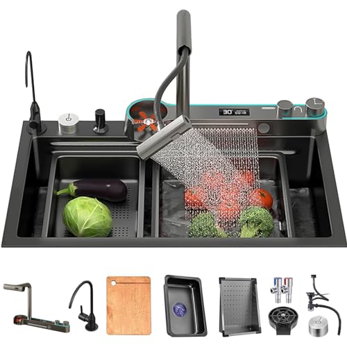 Küchenspüle, schwarzes Edelstahl-Wasserfall-Küchenspüle, multifunktionale Digitalanzeige-Spüle mit neuem Dual-Modus-Wasserhahn und mehreren Zubehörteilen (68x45x22CM) von XDXINY
