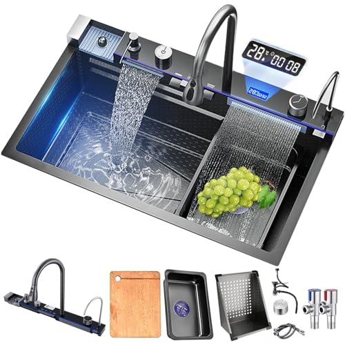 XDXINY Küchenspüle-Set, 304 Edelstahl, Nano-Wasserfall, Gemüsebecken, einzelne Wabenprägung mit zwei Wasserfällen (75 x 45 x 22 cm) von XDXINY