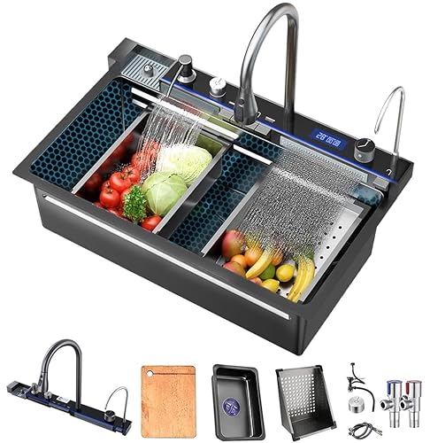 Küchenspüle mit Digitalanzeige, geprägt, große Einzelnut-Edelstahl-Smart-Workstation-Küchenspüle mit Druckspüler und zwei Wasserfällen (Black, 68×45×22CM) von XDXINY