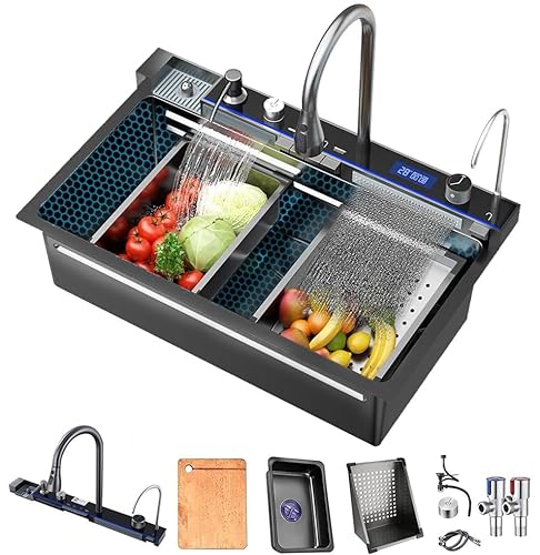 Küchenspüle mit Digitalanzeige, geprägt, große Einzelnut-Edelstahl-Smart-Workstation-Küchenspüle mit Druckspüler und zwei Wasserfällen (Black, 80×45×22CM) von XDXINY
