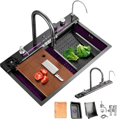 Küchenspüle mit Digitalanzeige, geprägt, große Einzelnut-Edelstahl-Smart-Workstation-Küchenspüle mit Druckspüler und zwei Wasserfällen (NEW JY, 75×45×22CM) von XDXINY