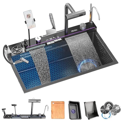 Küchenspüle mit Digitalanzeige, geprägt, große Einzelnut-Edelstahl-Smart-Workstation-Küchenspüle mit Druckspüler und zwei Wasserfällen (NEW JY2, 75×45×22CM) von XDXINY