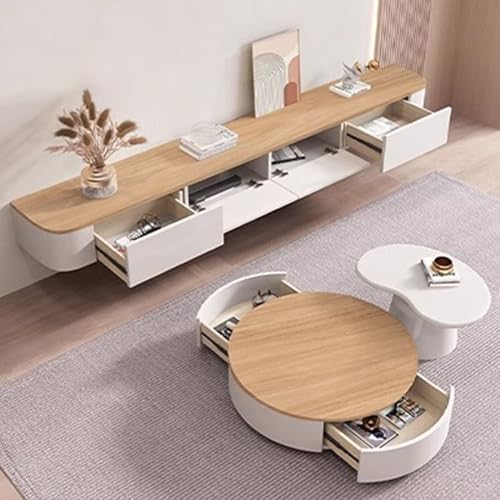 XDXINY Schwebender TV-Schrank mit Schubladen, TV-Konsole mit integriertem Kabelmanagement, Multimedia-TV-Konsole, Massivholz-TV-Schrank mit Stauraum (montagefrei) (Weiß-Braun, 240CM/94.5IN) von XDXINY
