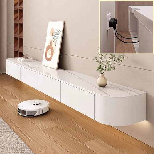 XDXINY TV Multimedia Konsole Floating TV Board - TV-Möbel Wand - Große Sitzbank unter TV - Lowboard mit Schubladen und Routerhalterung (Weißer Stein, 180 x 20 x 24 cm) von XDXINY