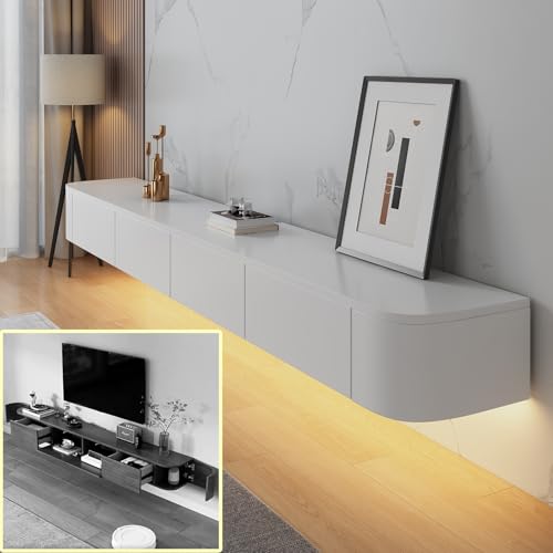 XDXINY TV Multimedia Konsole Schwebend TV-Möbel Wandschrank Große Sitzbank unter TV Schrank Lowboard mit Schubladen und Routerhalterung (Weiß B+LED, 180 x 20 x 30 cm) von XDXINY