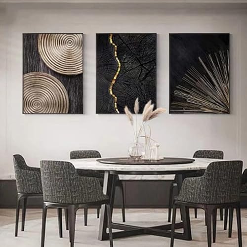 XDYY 3er Set Moderne Schwarz Gold Jahresringe Linien Leinwand Bilder Nordic Wandbild Design Poster Wohnzimmer Decoration Ohne Rahmen (A,30 x 40cm) von XDYY