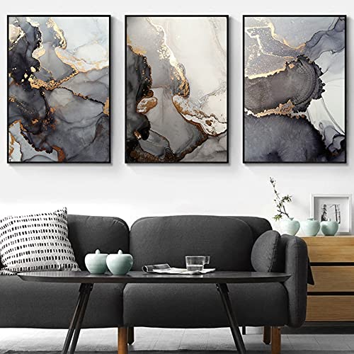 XDYY 3er Set Schwarz Grau Goldener Marmor Wandkunst Leinwand Abstrakt Art Fluid Textur Poster Bilder für Wohnzimmer Home Dekoration Ohne Rahme (60x80cm) von XDYY