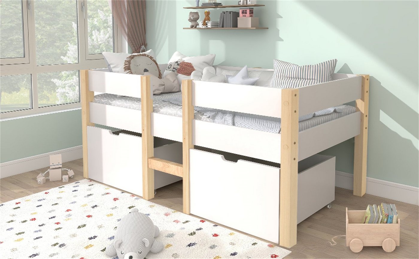 Kinderbettwäsche Bett Kinderbett Jugendbett mit Schublade Rausfallschutz, XDeer, Kiefer Vollholz 90x200 cm Weiß Eiche Naturholz Möbelstücks von XDeer