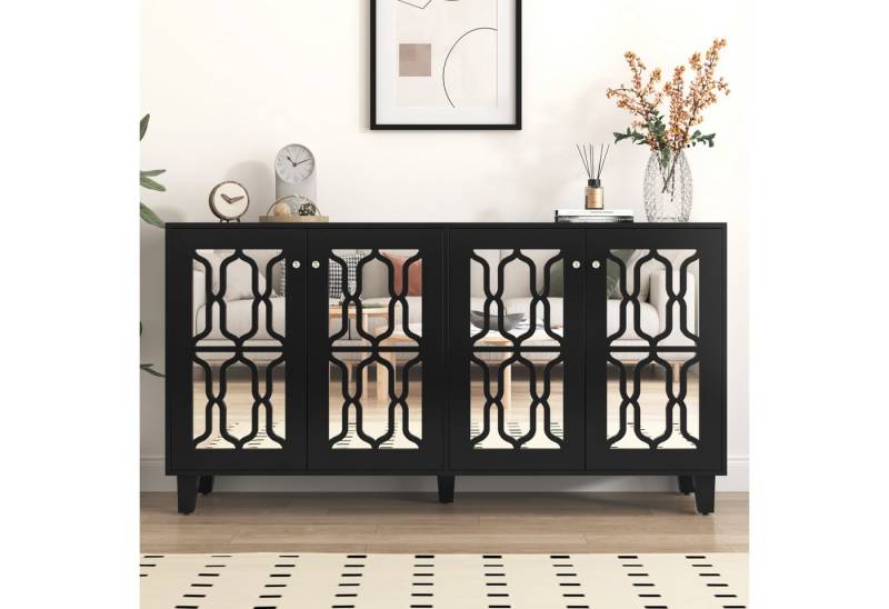 XDeer Anrichte Schwarz verspiegelte mit kühlen Kristallgriffen, Vier Türen, Beweglichem Laminat.für Wohn- und Esszimmer, 160 x 40 x 84cm von XDeer