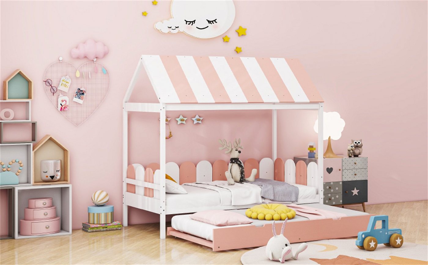 XDeer Ausziehbett Hausbett 90x190 mit Dach Ausziehbett Jugendbett Jungen Mädchen, Dach und Rückenlehne Massivholzbett mit Lattenrost grün rosa von XDeer