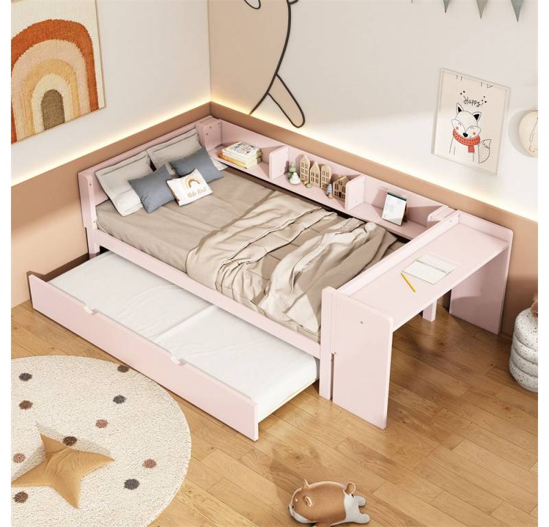 XDeer Babybett 90*200cm, Flachbett, mit ausziehbarem Bett, mit Schreibtisch, drei Regale an der Seite des Bettes von XDeer