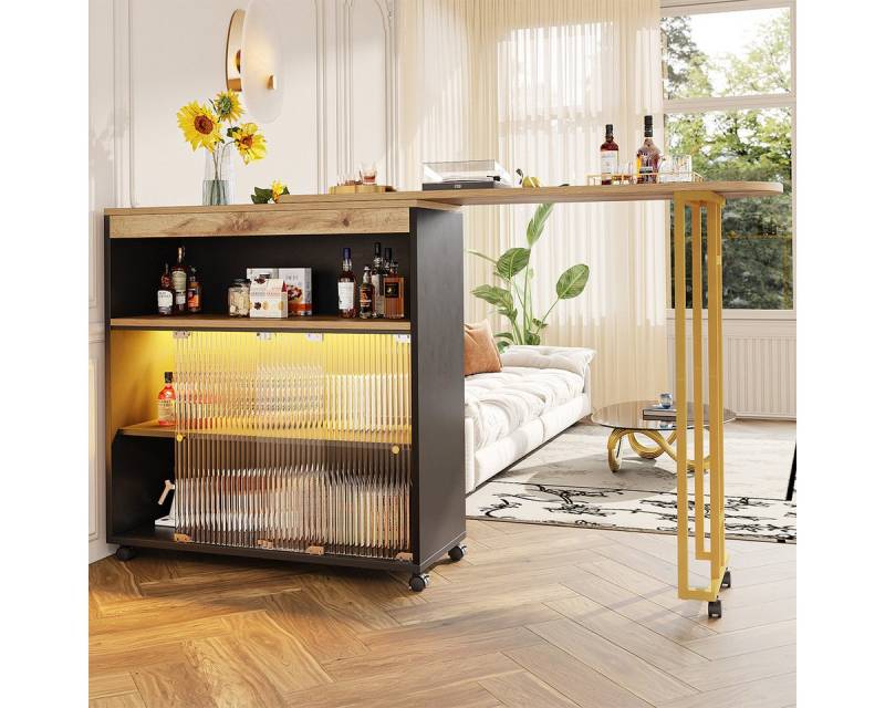 XDeer Bartisch Bartisch mit LED Stauraum Ausziehbarer Beweglicher Bistrotisch, Ablagen Stehtisch Kücheninsel Hochtisch klein Küchentisch von XDeer