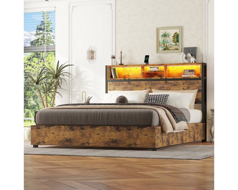 XDeer Bettgestell Bettgestell mit Hydraulischer Hebemechanismus Farbwechselnde, LED-Umgebungsbeleuchtung Bettrahmen Gästebett Fernbedienung von XDeer