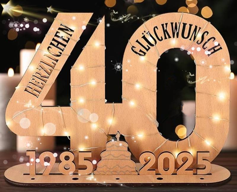 autolock Bild Geschenk Frauen & Männer - Geldgeschenke Geburtstag mit LED, 40, Lichterkette Ständer - Holz-Schild Gästebuch von autolock