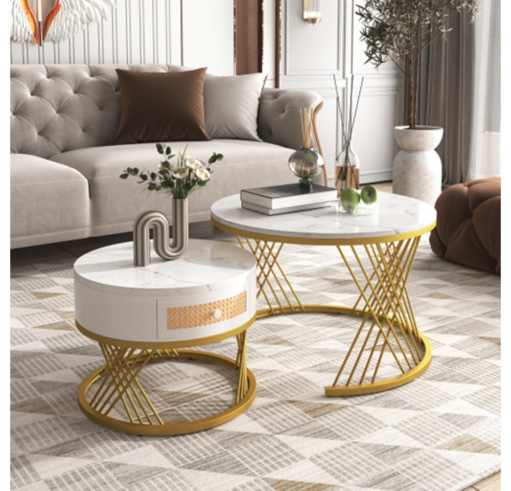 XDeer Couchtisch 2 in 1 Runder Couchtisch, Beistelltisch mit Tischplatte aus, Marmor und Schubladen,Griffe aus Massivholz von XDeer