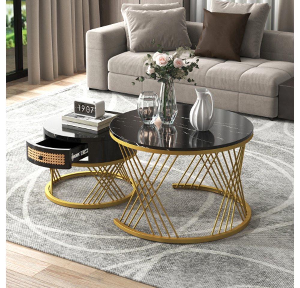 XDeer Couchtisch 2 in 1 Runder Couchtisch, Beistelltisch mit Tischplatte aus Marmor, und Schubladen, Griffe aus Massivholz von XDeer