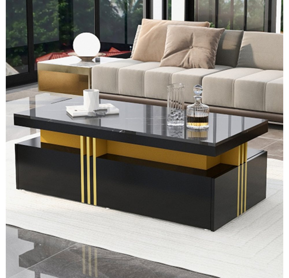 XDeer Couchtisch Couchtisch mit Hochglanzplatte mit 2 Holzschubladen, marmorierte Tischplatte, für Wohnzimmer, 100*50*40 cm von XDeer