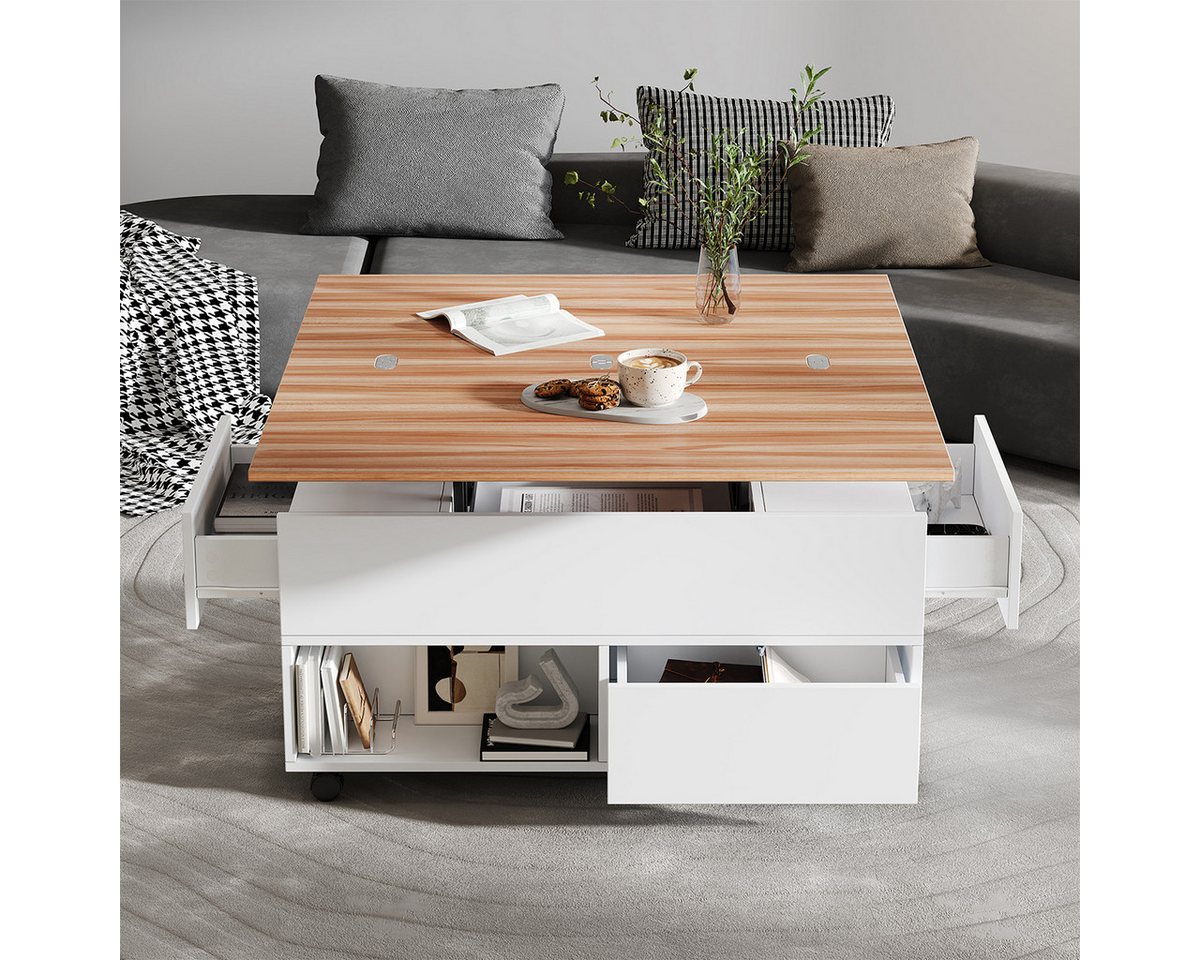 XDeer Couchtisch Couchtisch mit Rollen und Schubladen Anhebbarer Kaffeetische, Wohnzimmertisch 100*50*52cm Weiß + Holzfarbe  von XDeer