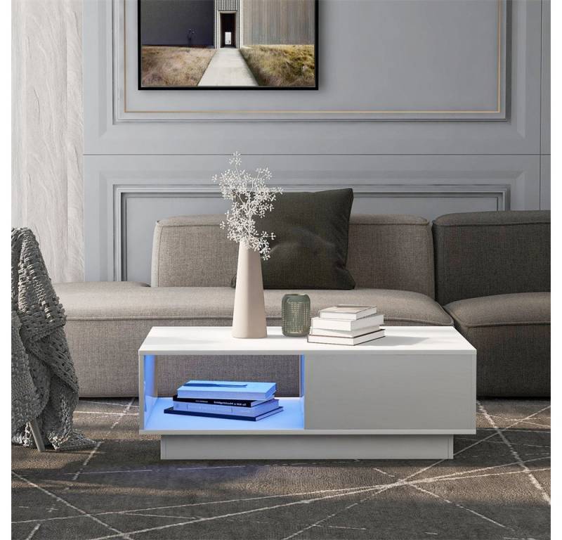 XDeer Couchtisch Couchtisch moderner Hochglanz Sofatisch Stauraum rechteckiger, Wohnzimmertisch mit LED-Licht 15 Farben (95 x 55 x 32 cm) von XDeer
