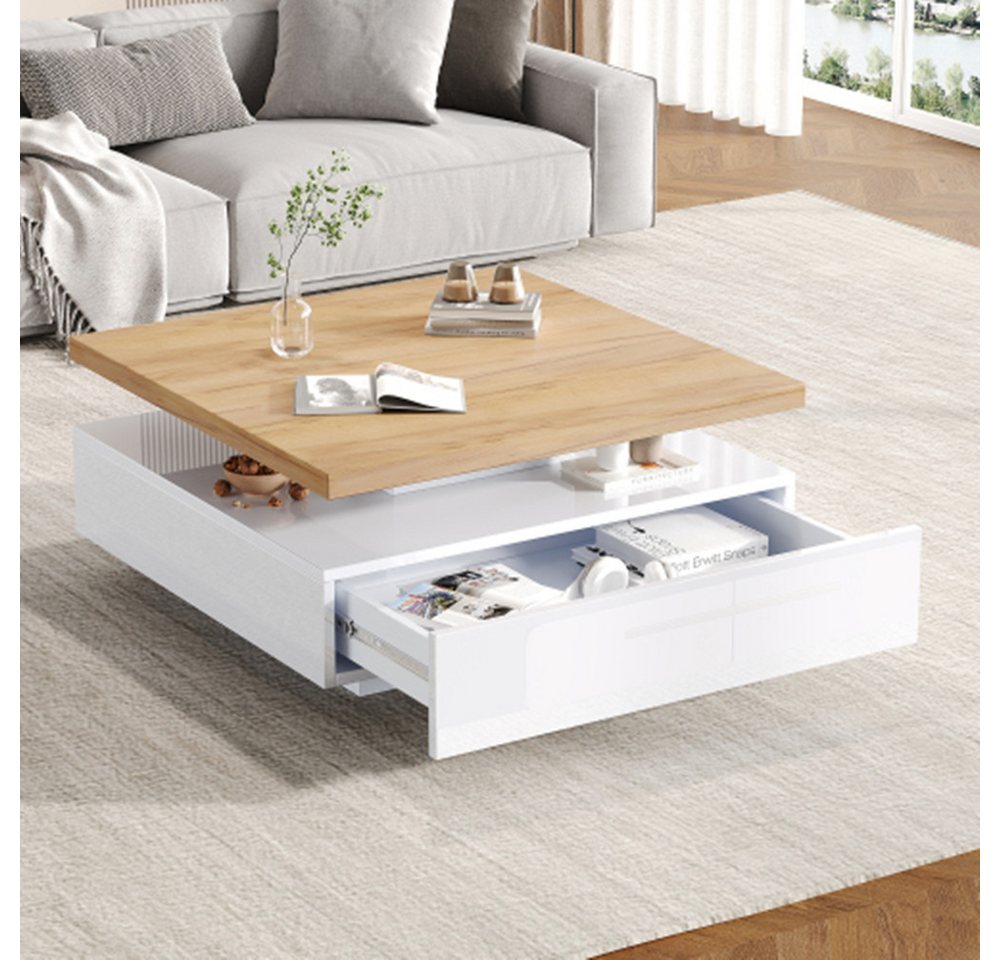 XDeer Couchtisch Couchtisch quadratische 360° schwenkbare Kaffeeschublade, 2-stufiger mittig schwenkbarer Tisch und Aufbewahrungsschrank von XDeer