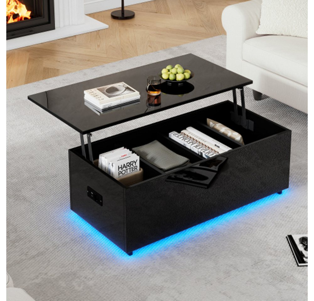 XDeer Couchtisch Hochglanz-Couchtisch mit LED-Beleuchtung und verstecktem Stauraum, Hydraulisch hebbarer Beistelltisch 100*50*35 cm von XDeer