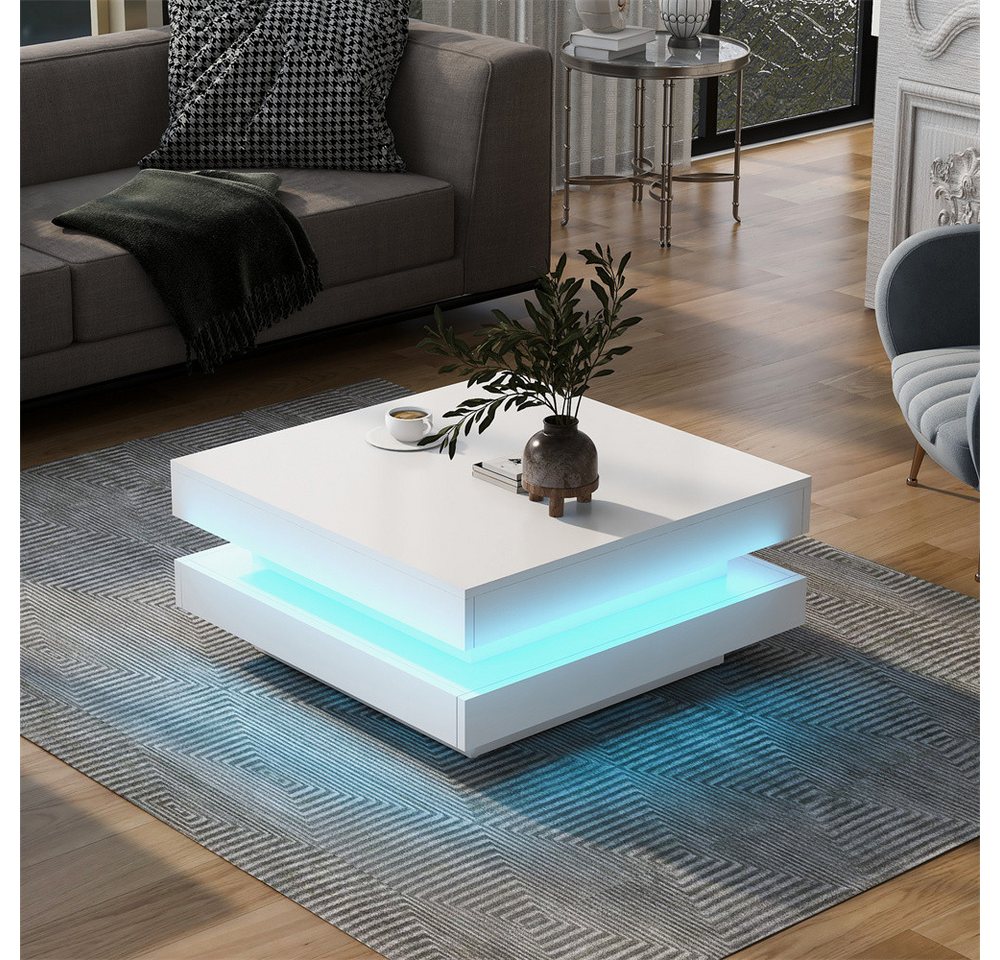 XDeer Couchtisch Quadratischer Couchtisch in Weiß - moderner technologischer, Stil mit 16-farbiger LED-Beleuchtung, 70x70x36 cm von XDeer