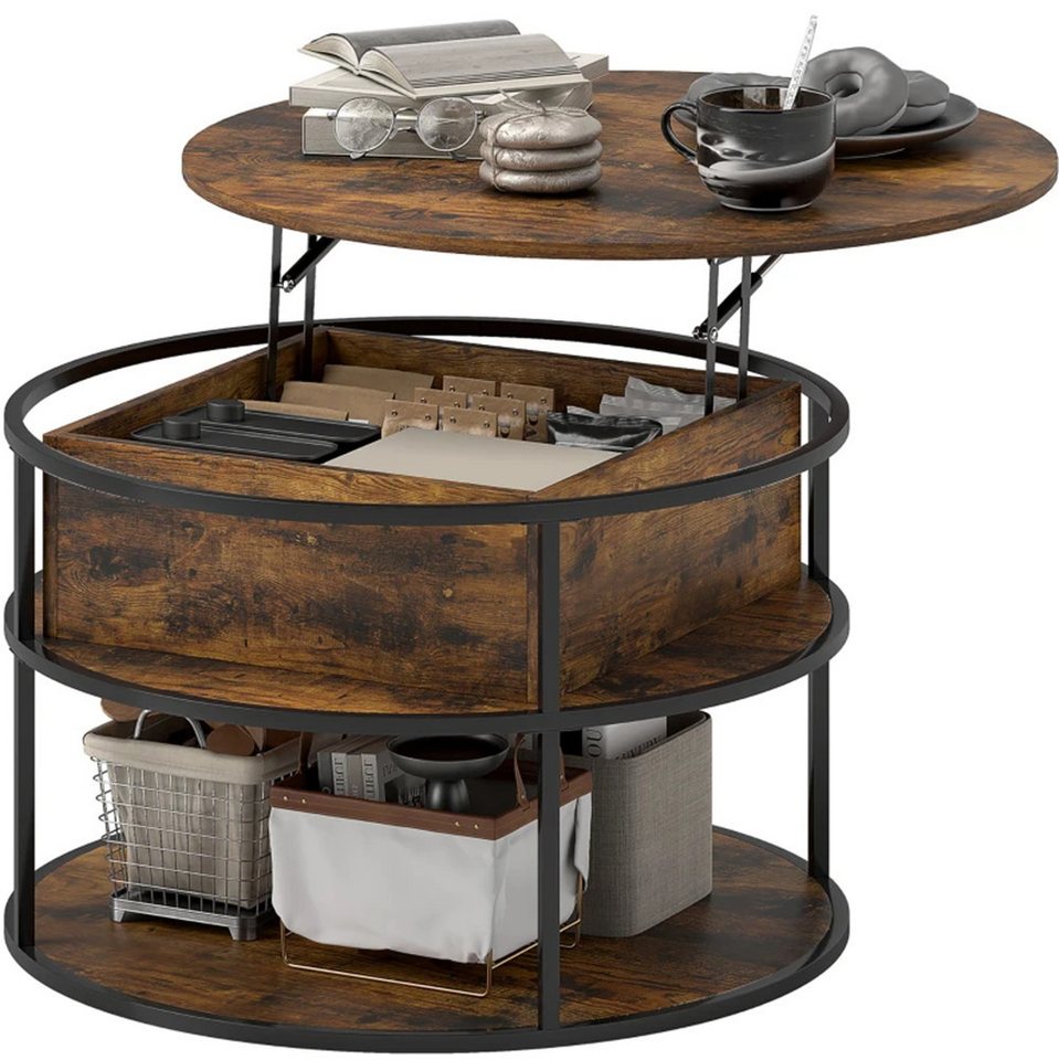 XDeer Couchtisch Runder Couchtisch, Kaffeetisch mit anhebbarer Tischplatte, Sofatisch mit Stauraum, seitliche Regale, Stahlrahmen von XDeer